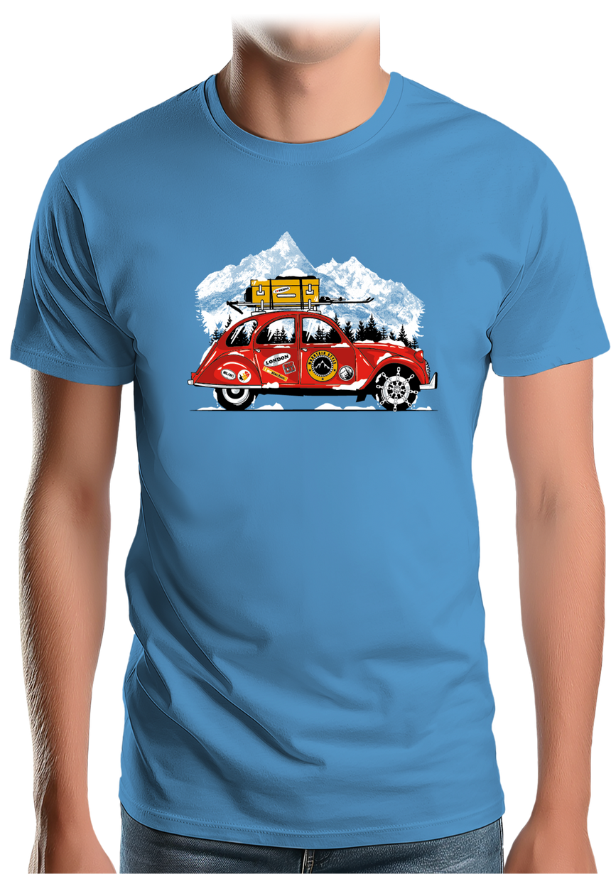 T-Shirt Homme Voiture 2CV vacance au ski à la montagne