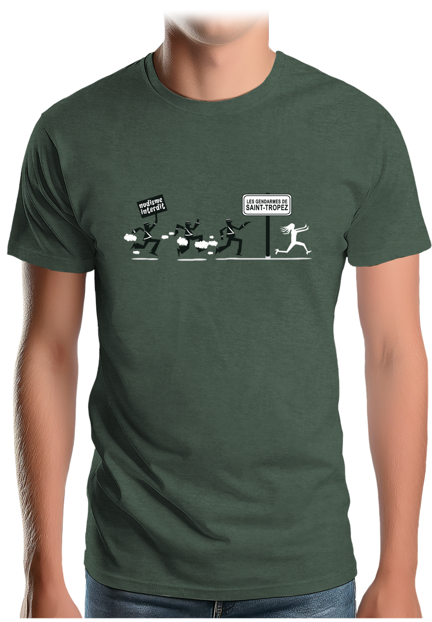T-Shirt Homme Nudisme interdit sur la plage à St Trop (Recto/verso)