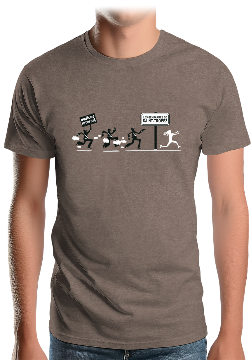 T-Shirt Homme Nudisme interdit sur la plage à St Trop (Recto/verso)