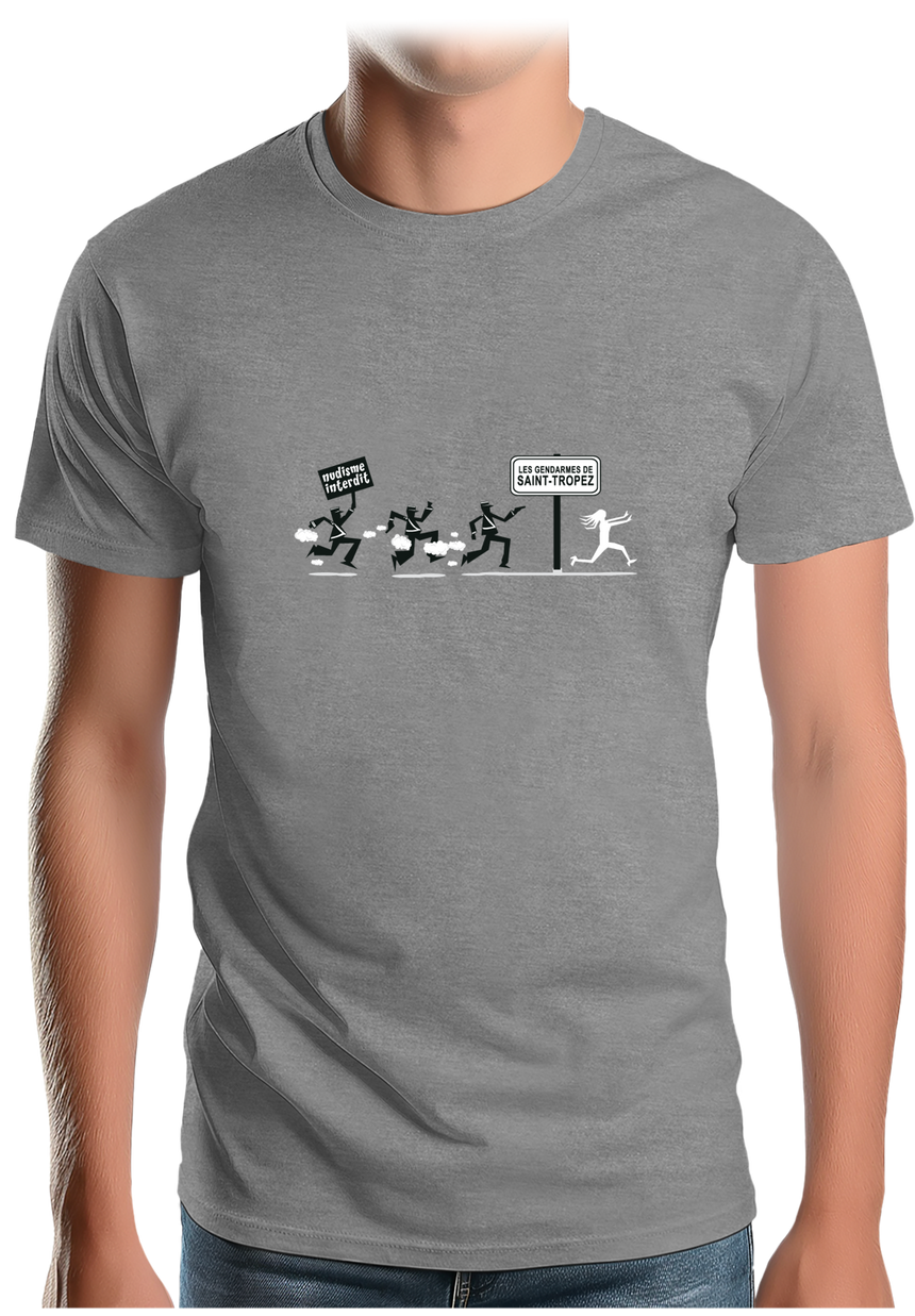 T-Shirt Homme Nudisme interdit sur la plage à St Trop (Recto/verso)