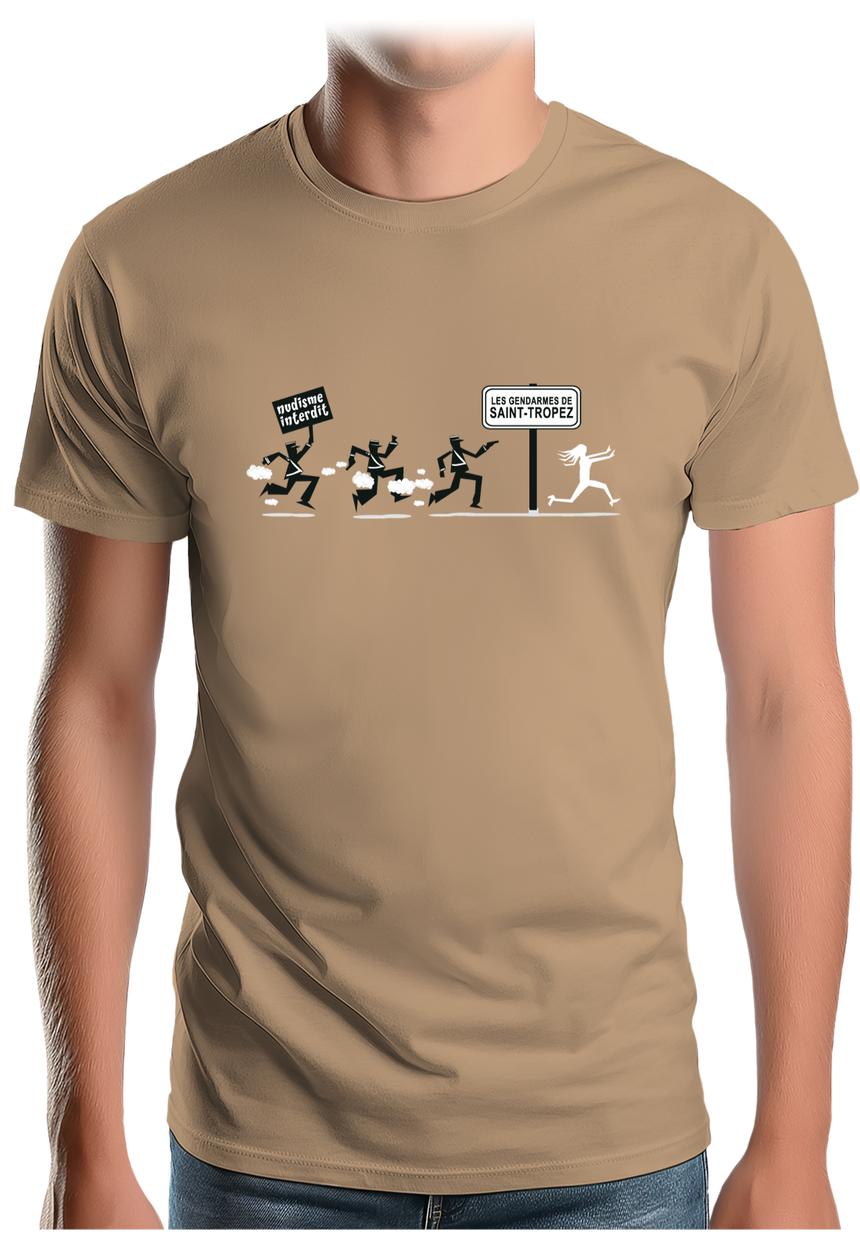T-Shirt Homme Nudisme interdit sur la plage à St Trop (Recto/verso)