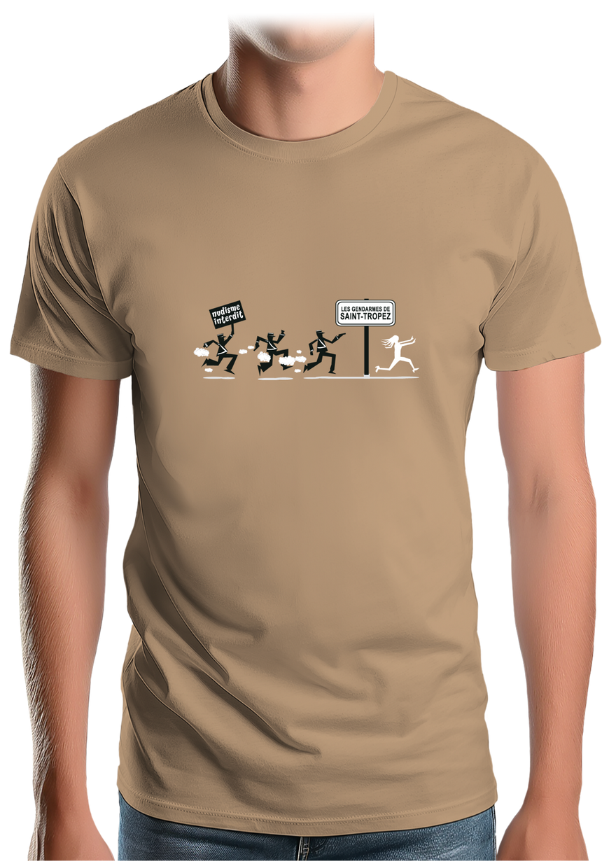 T-Shirt Homme Nudisme interdit sur la plage à St Trop (Recto/verso)