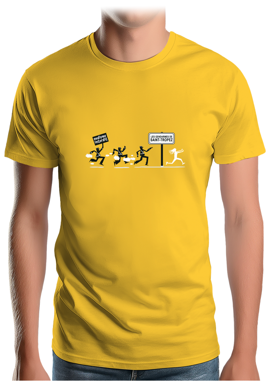 T-Shirt Homme Nudisme interdit sur la plage à St Trop (Recto/verso)