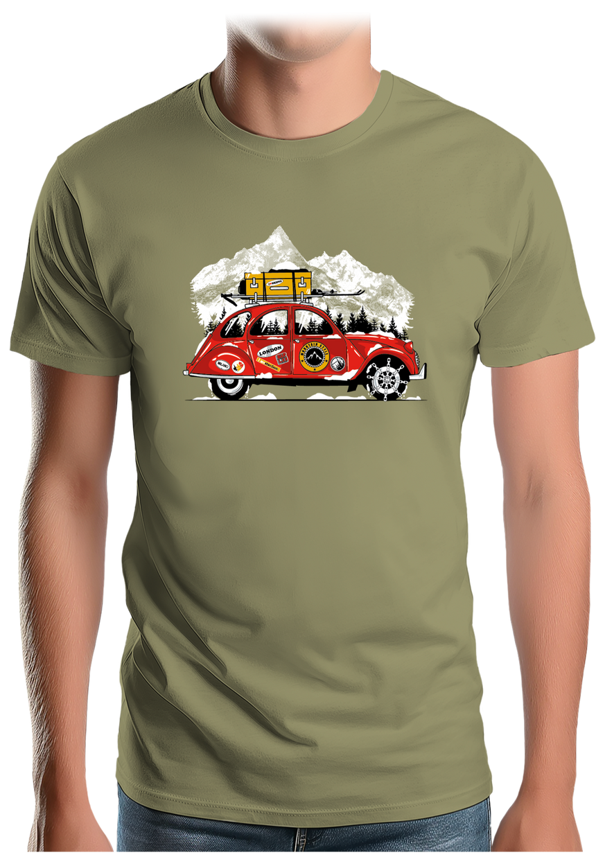 T-Shirt Homme Voiture 2CV vacance au ski à la montagne
