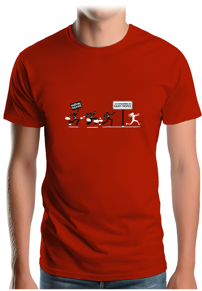 T-Shirt Homme Nudisme interdit sur la plage à St Trop (Recto/verso)