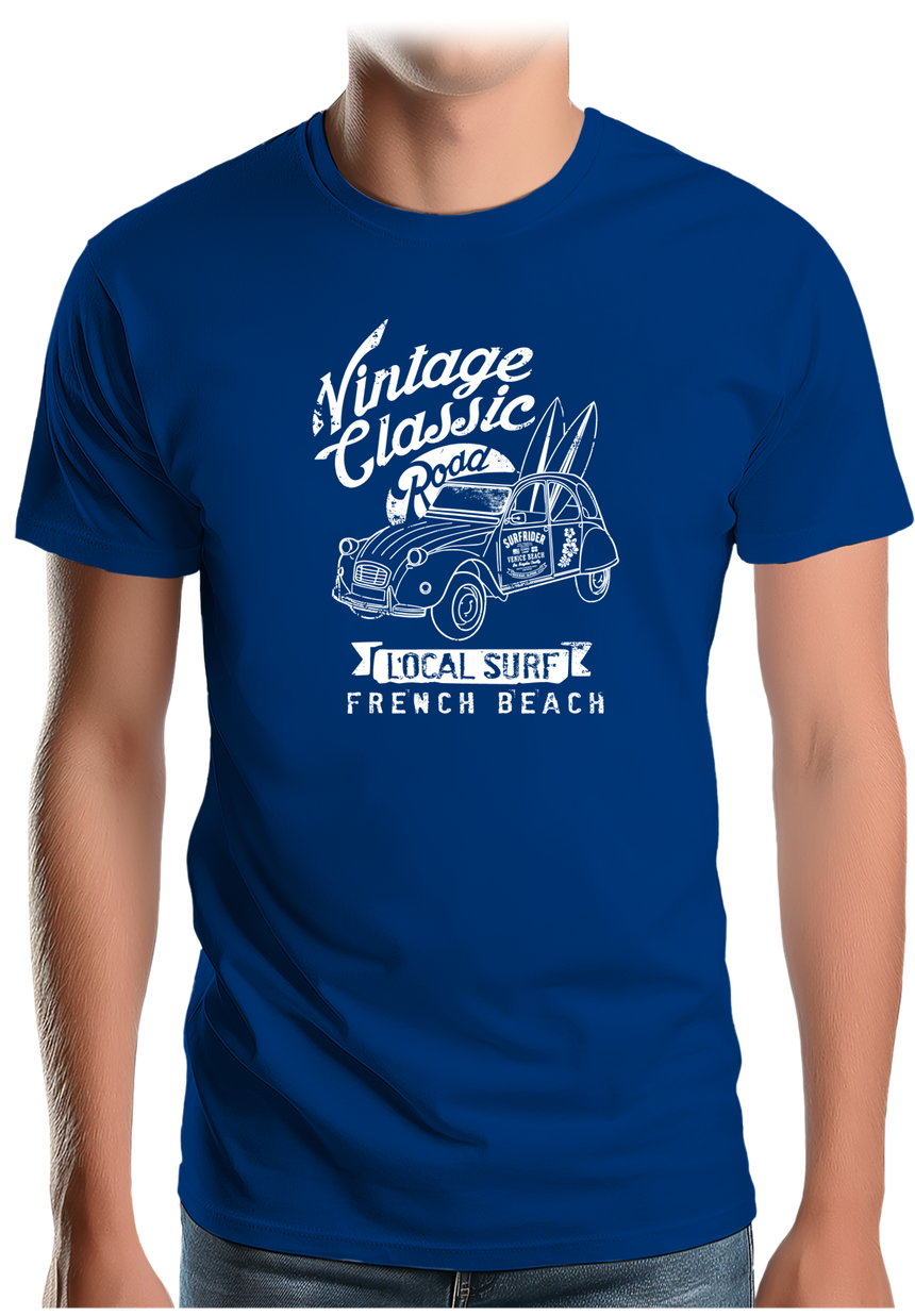 T-Shirt Homme Voiture 2CV avec planche de surf