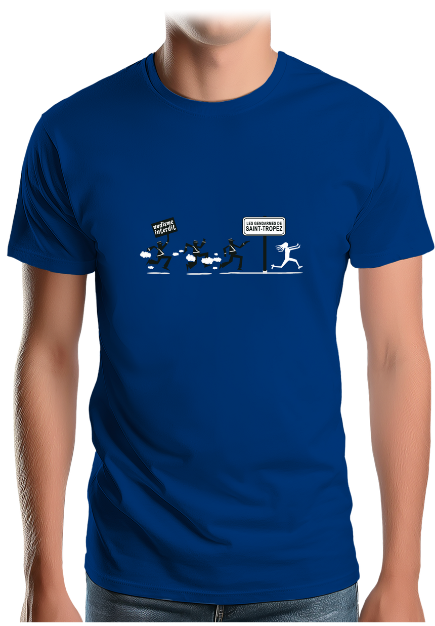 T-Shirt Homme Nudisme interdit sur la plage à St Trop (Recto/verso)