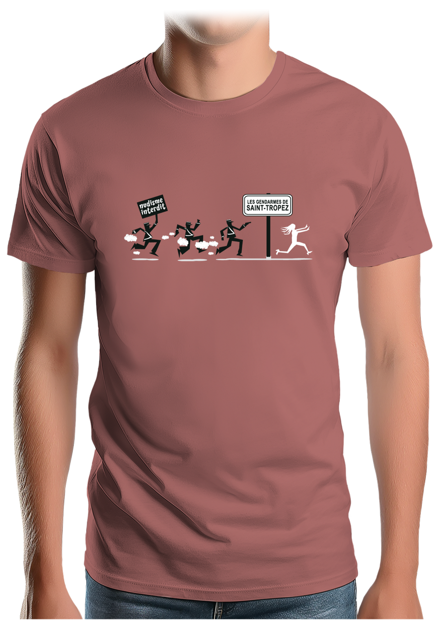 T-Shirt Homme Nudisme interdit sur la plage à St Trop (Recto/verso)