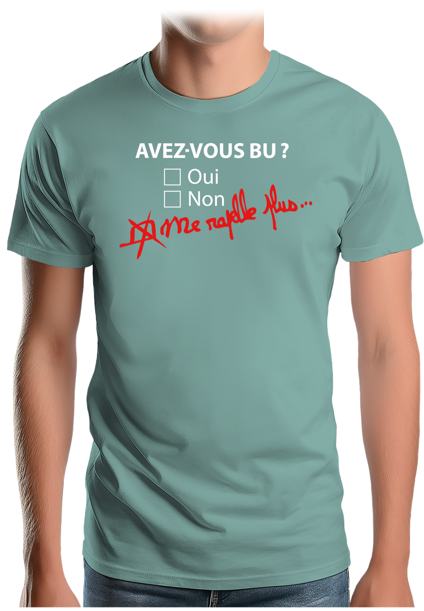 T-Shirt Homme Avez vous bu de l'alcool ? Me rapelle plus