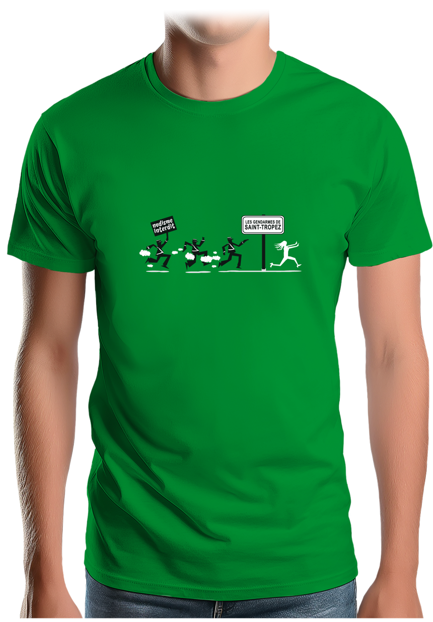 T-Shirt Homme Nudisme interdit sur la plage à St Trop (Recto/verso)