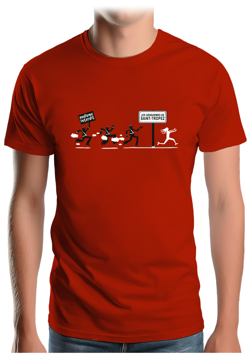 T-Shirt Homme Nudisme interdit sur la plage à St Trop (Recto/verso)