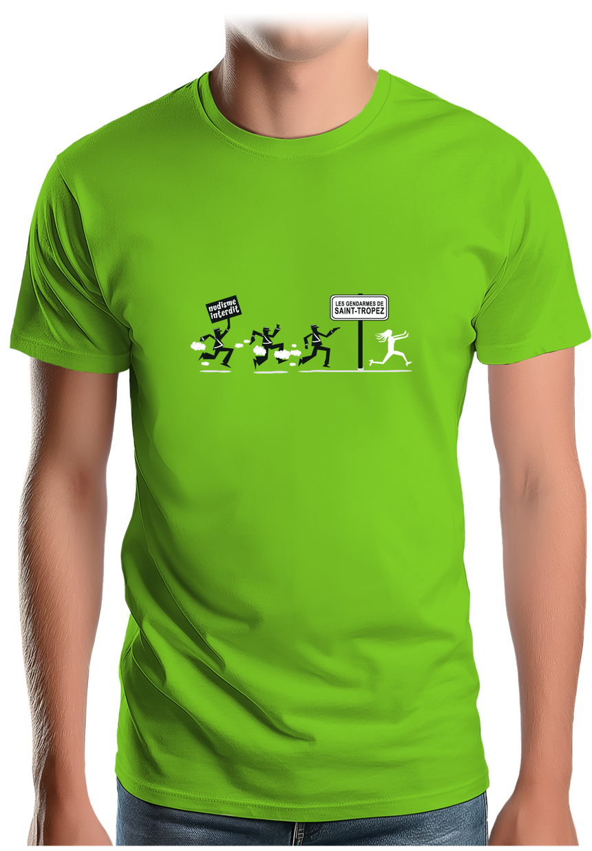 T-Shirt Homme Nudisme interdit sur la plage à St Trop (Recto/verso)