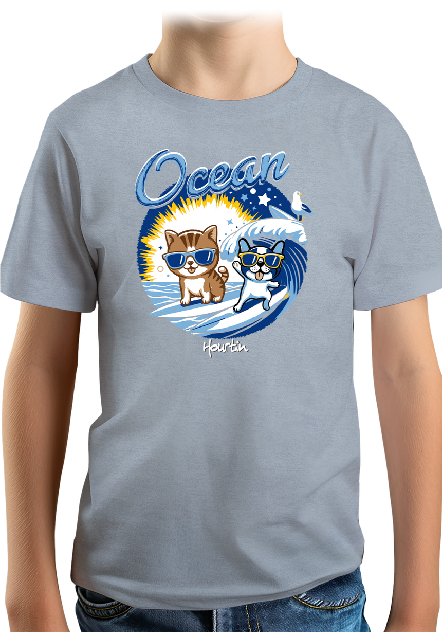 T-Shirt Garçon Chat et chien surf dans l'Océan