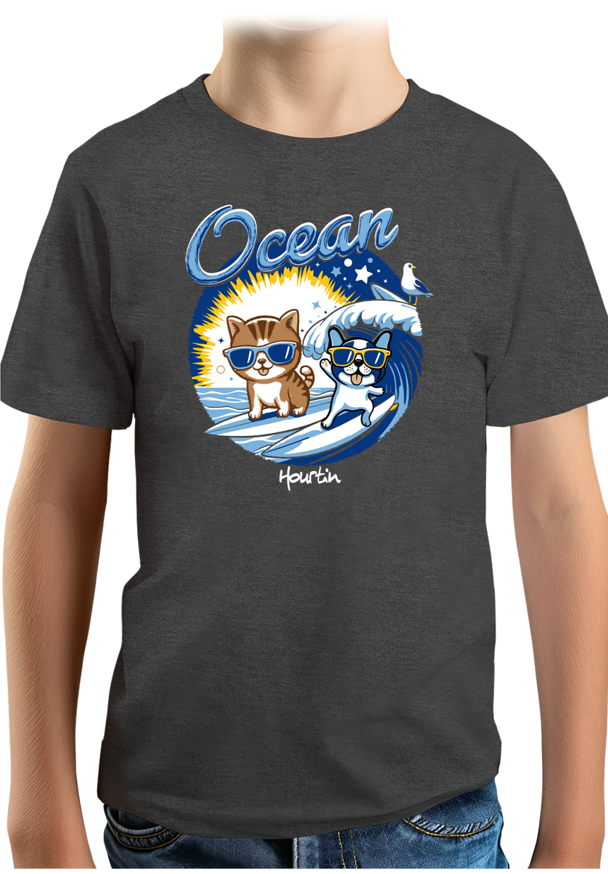 T-Shirt Garçon Chat et chien surf dans l'Océan