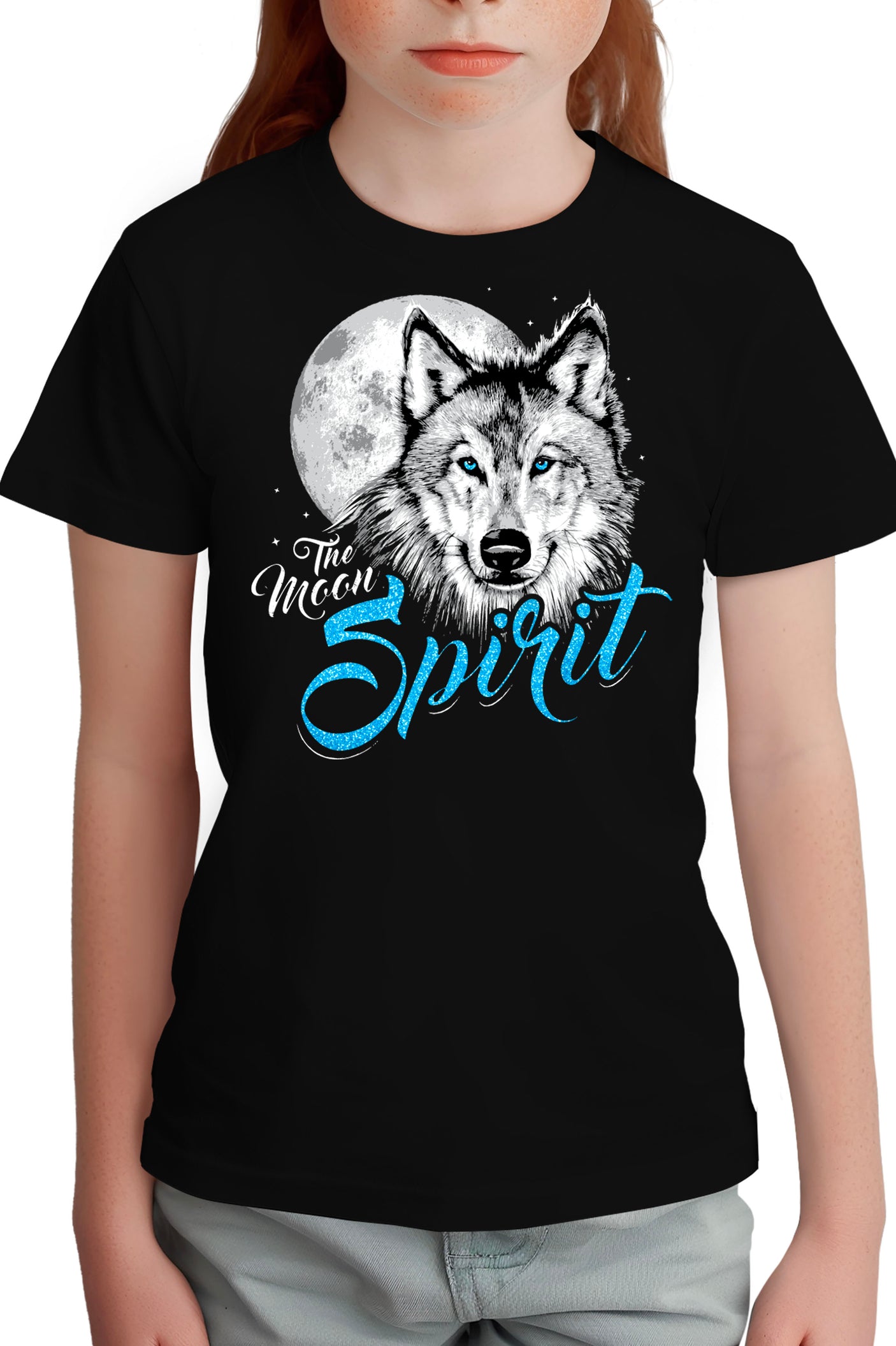 T-Shirt Fille Loup avec des paillettes yeux bleu