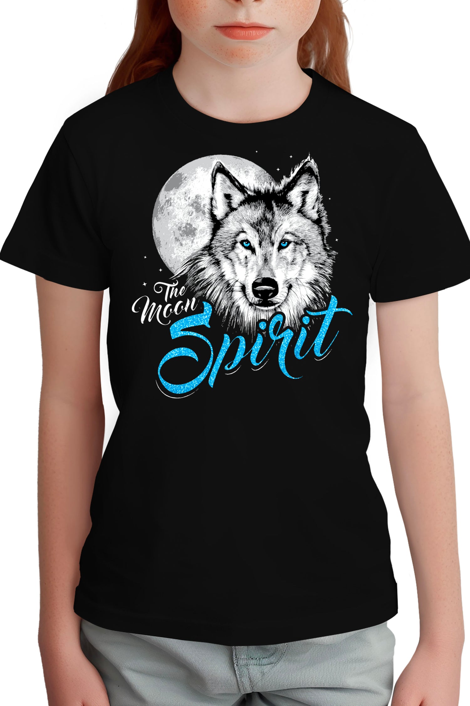 T-Shirt Fille Loup avec des paillettes yeux bleu
