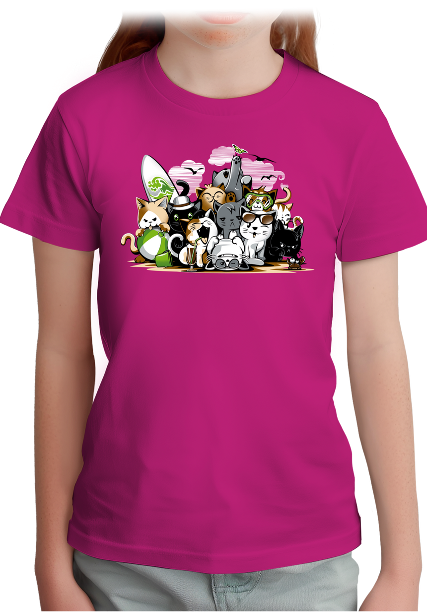 T-Shirt Fille Chats à la mer, sur la plage faisant du surf