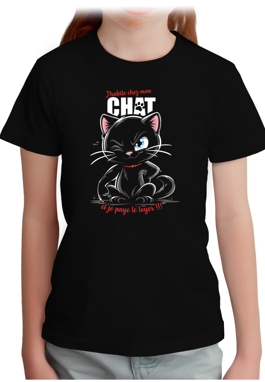 T-Shirt Fille J'habite chez mon chat et je paye le loyer