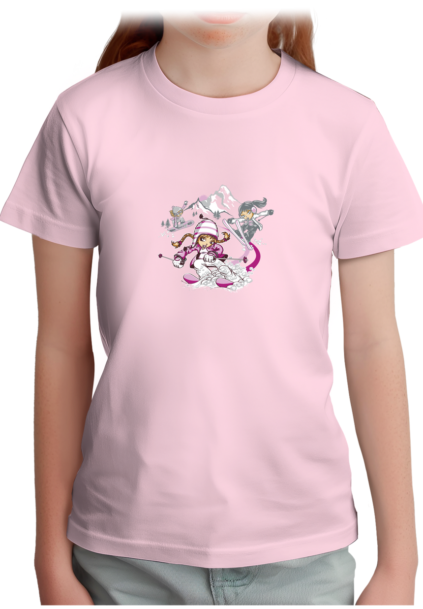T-Shirt Fille Ski et snow à la montagne en rose