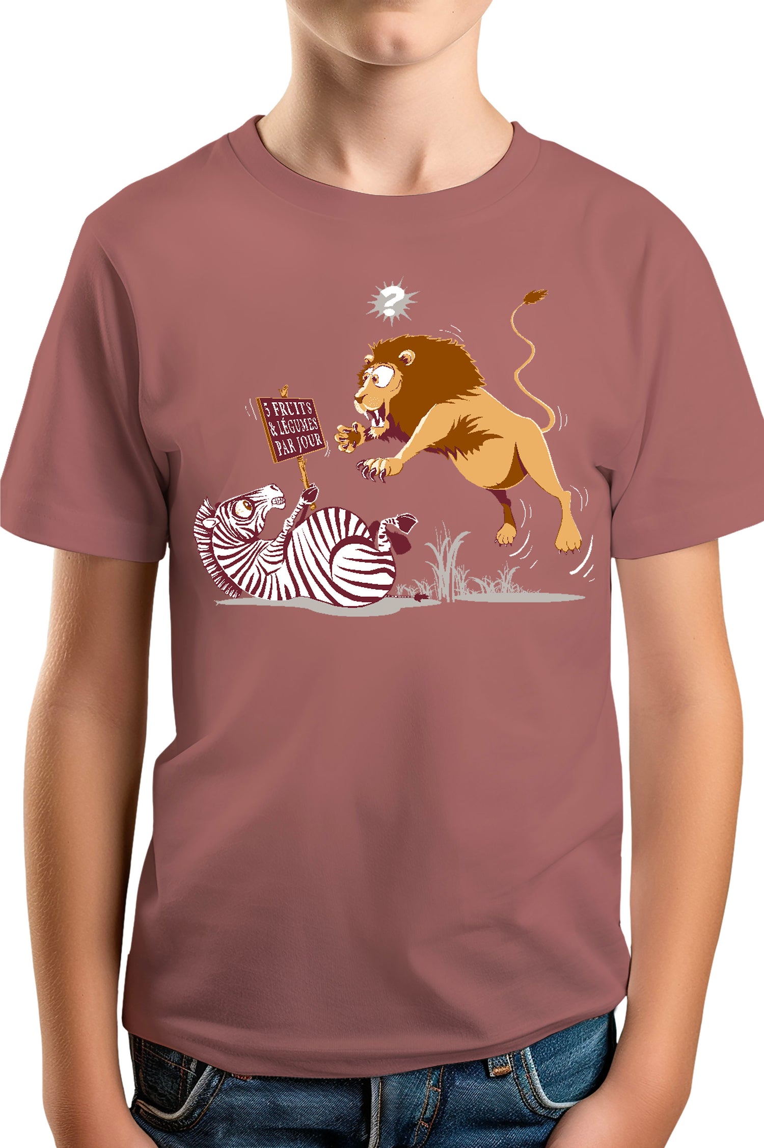 T-Shirt Garçon Zèbre vs Lion : 5 fruits légumes par jour