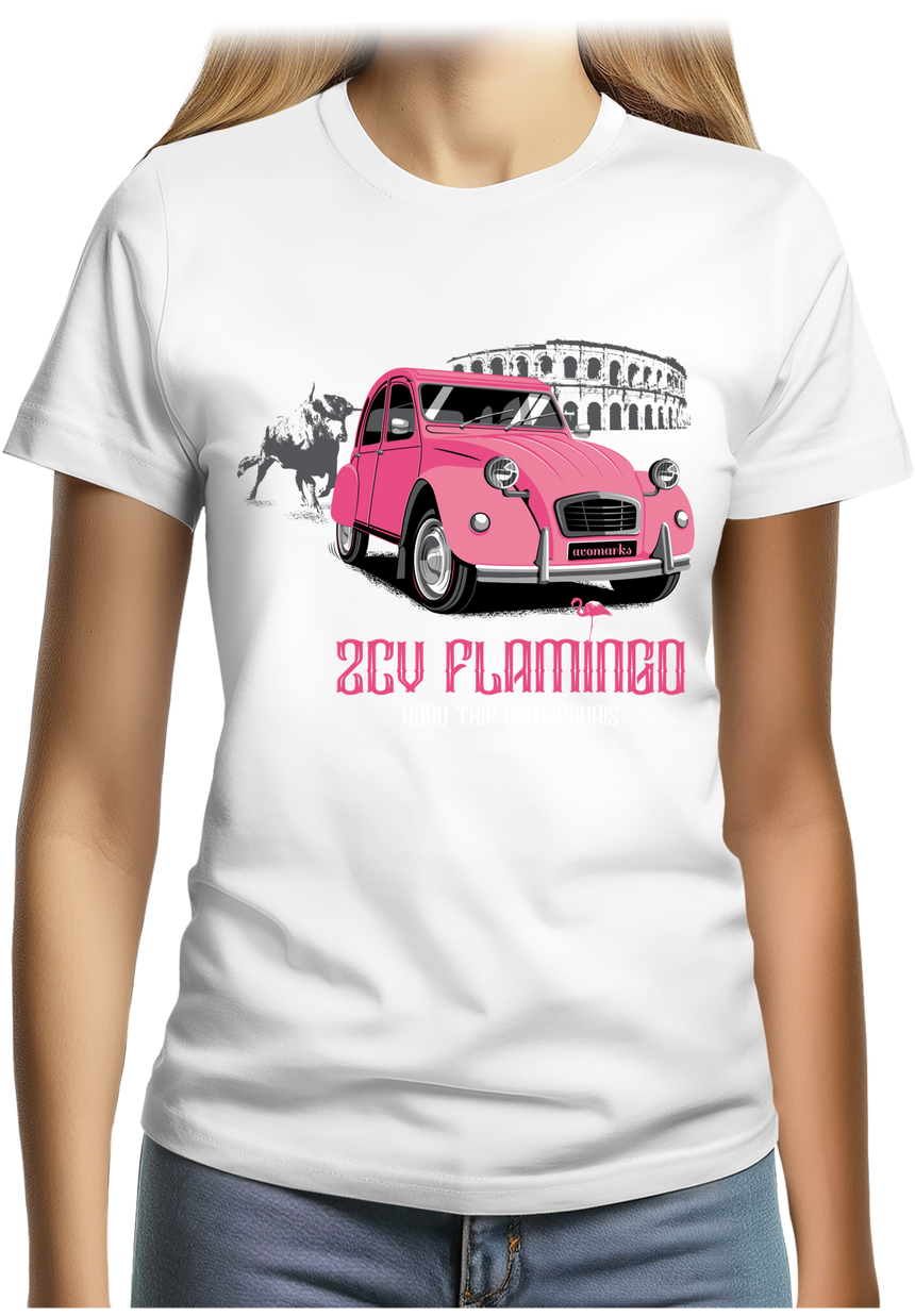 T-Shirt Femme Voiture la 2CV flamingo en Camargue