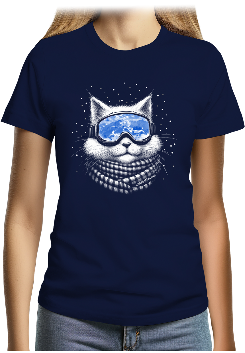T-Shirt Femme Chat avec masque de ski à la montagne