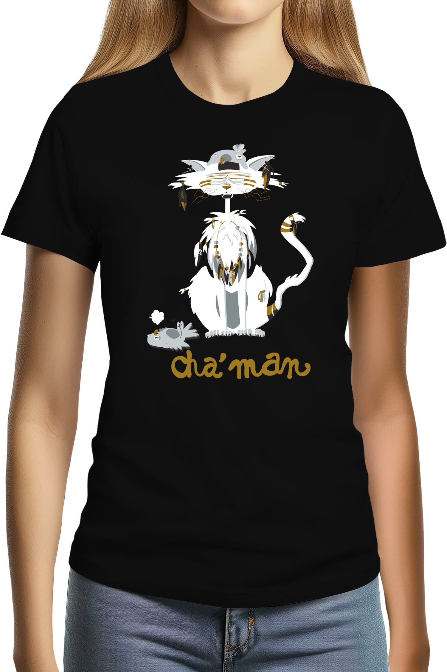 T-Shirt Femme Cha'man, le chat peace and love