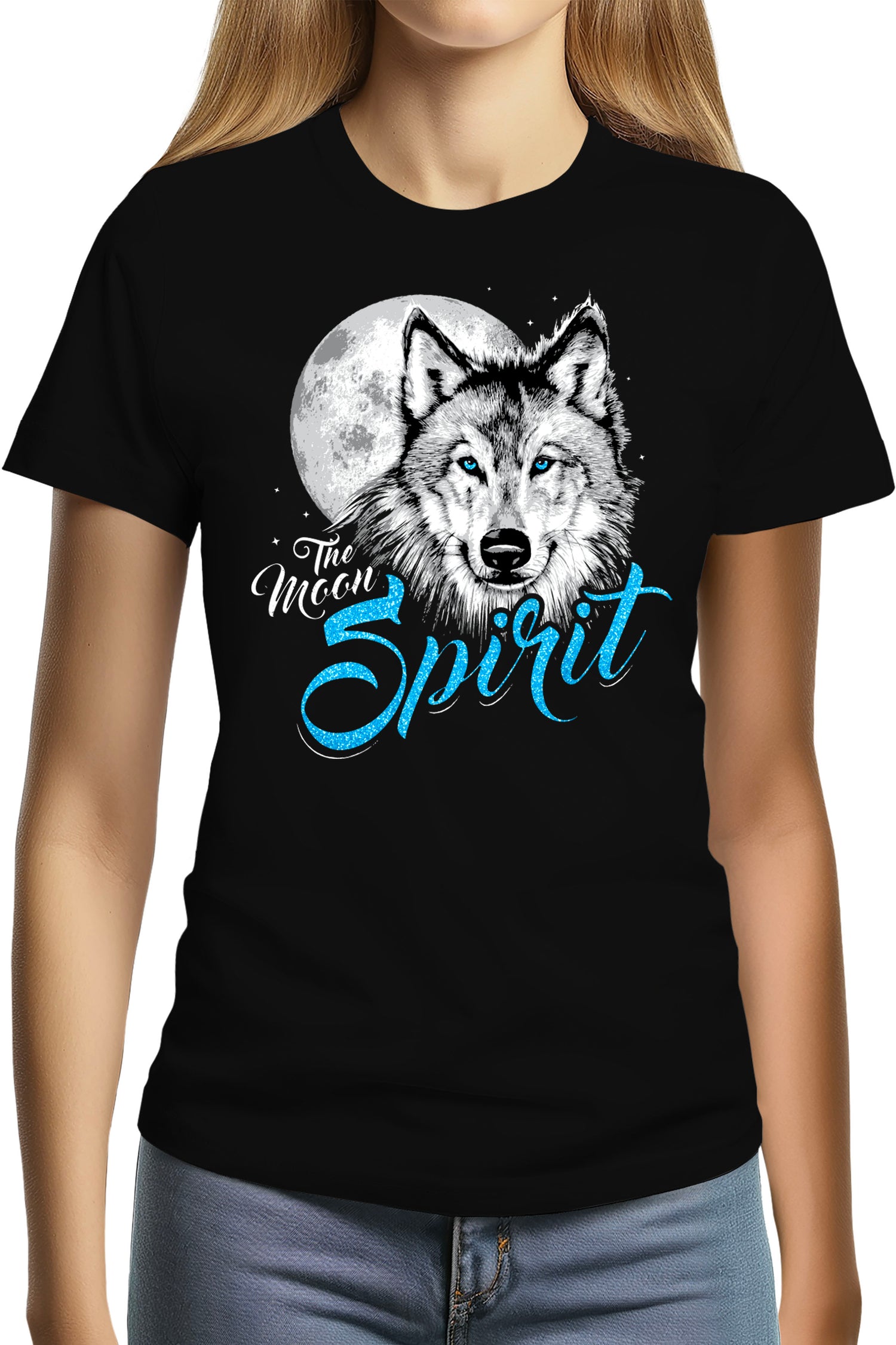 T-Shirt Femme Loup avec des paillettes yeux bleu