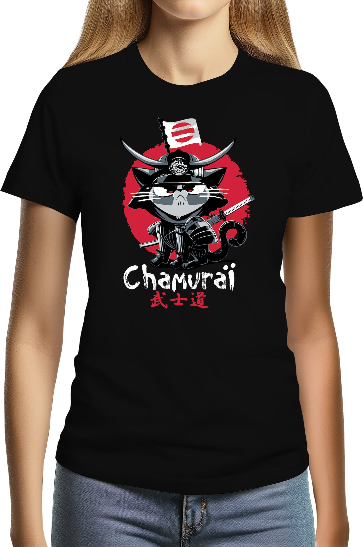 T-Shirt Femme Chat en samouraï
