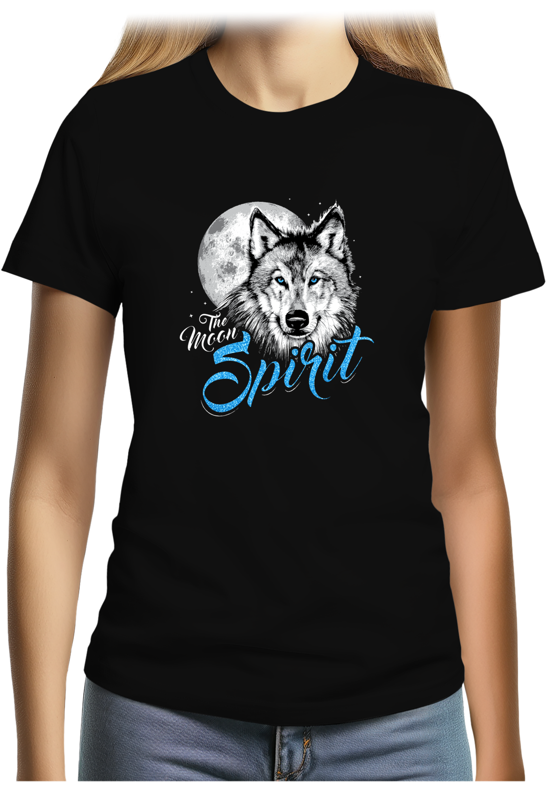 T-Shirt Femme Loup avec des paillettes yeux bleu