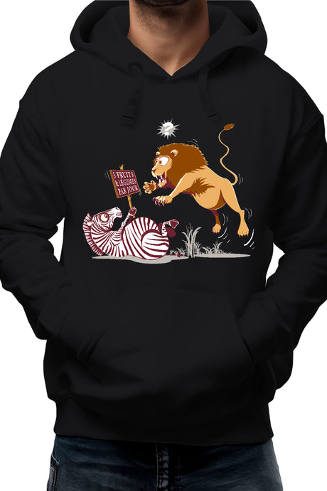 Sweat Adulte Zèbre vs Lion : 5 fruits légumes par jour