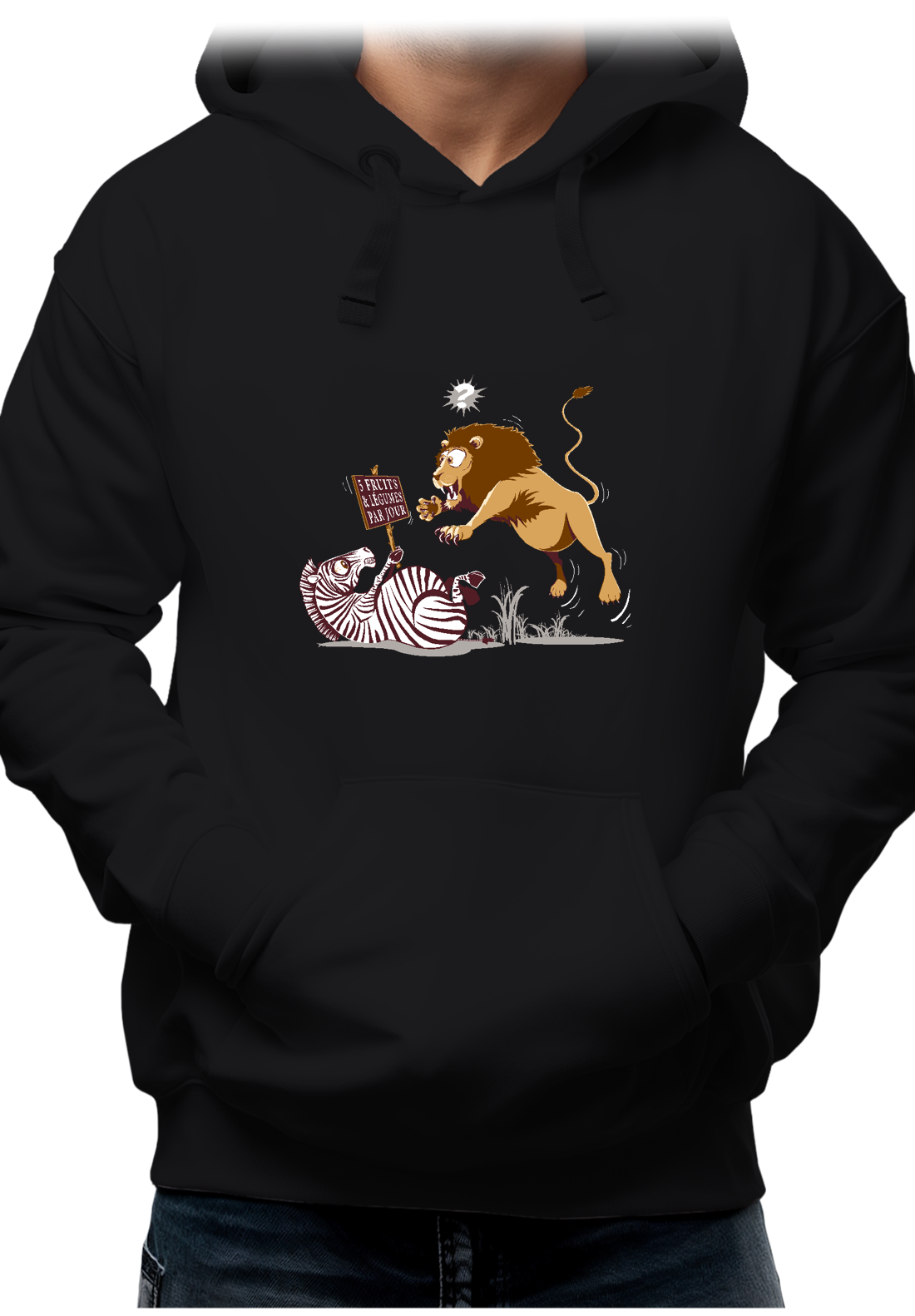 Sweat Adulte Zèbre vs Lion : 5 fruits légumes par jour