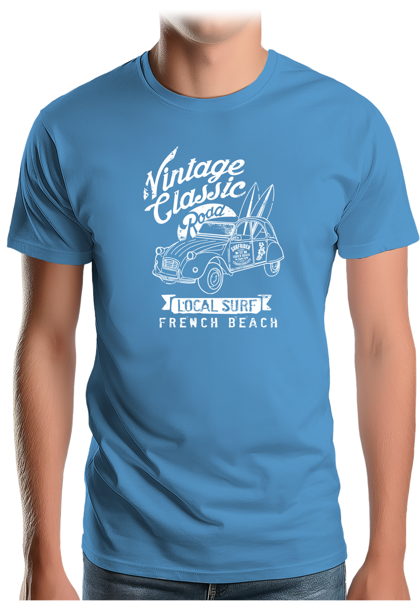 T-Shirt Homme Voiture 2CV avec planche de surf