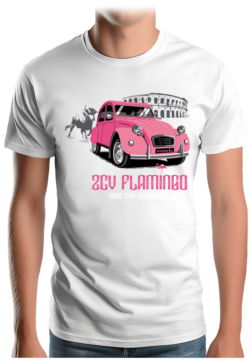 T-Shirt Homme Voiture la 2CV flamingo en Camargue