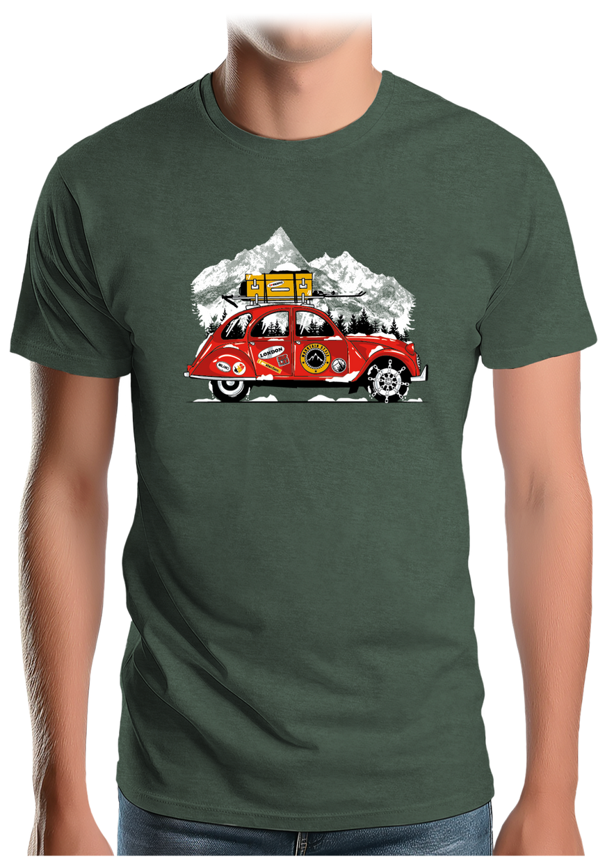 T-Shirt Homme Voiture 2CV vacance au ski à la montagne