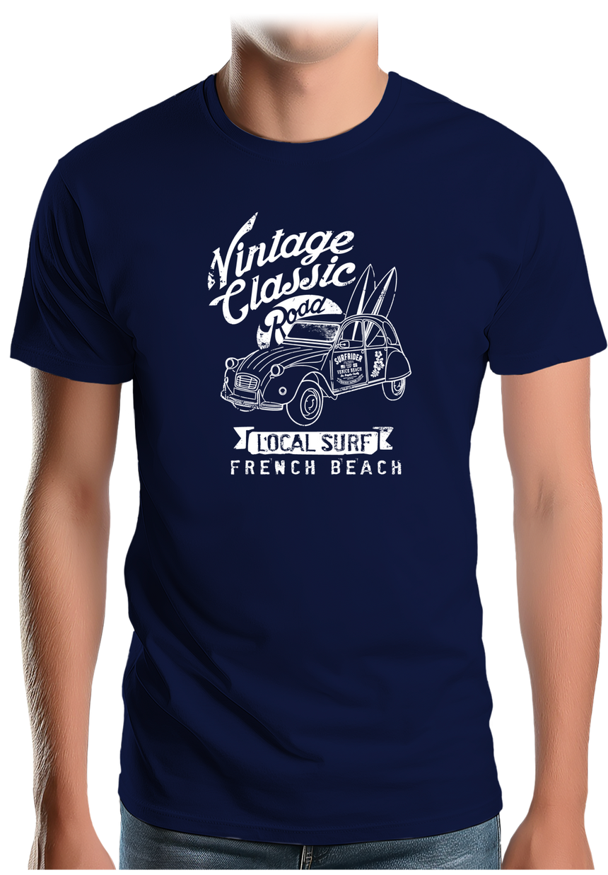 T-Shirt Homme Voiture 2CV avec planche de surf