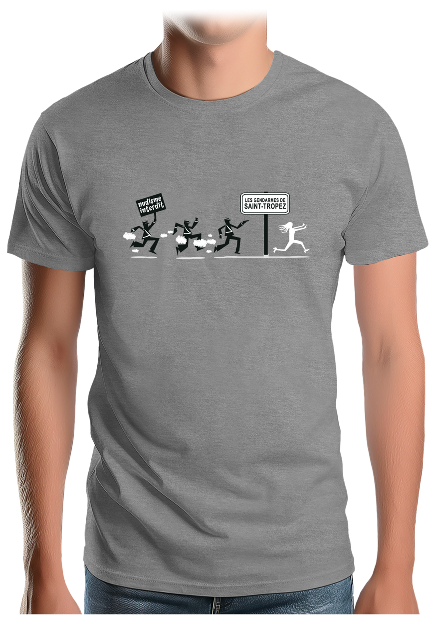 T-Shirt Homme Nudisme interdit sur la plage à St Trop (Recto/verso)