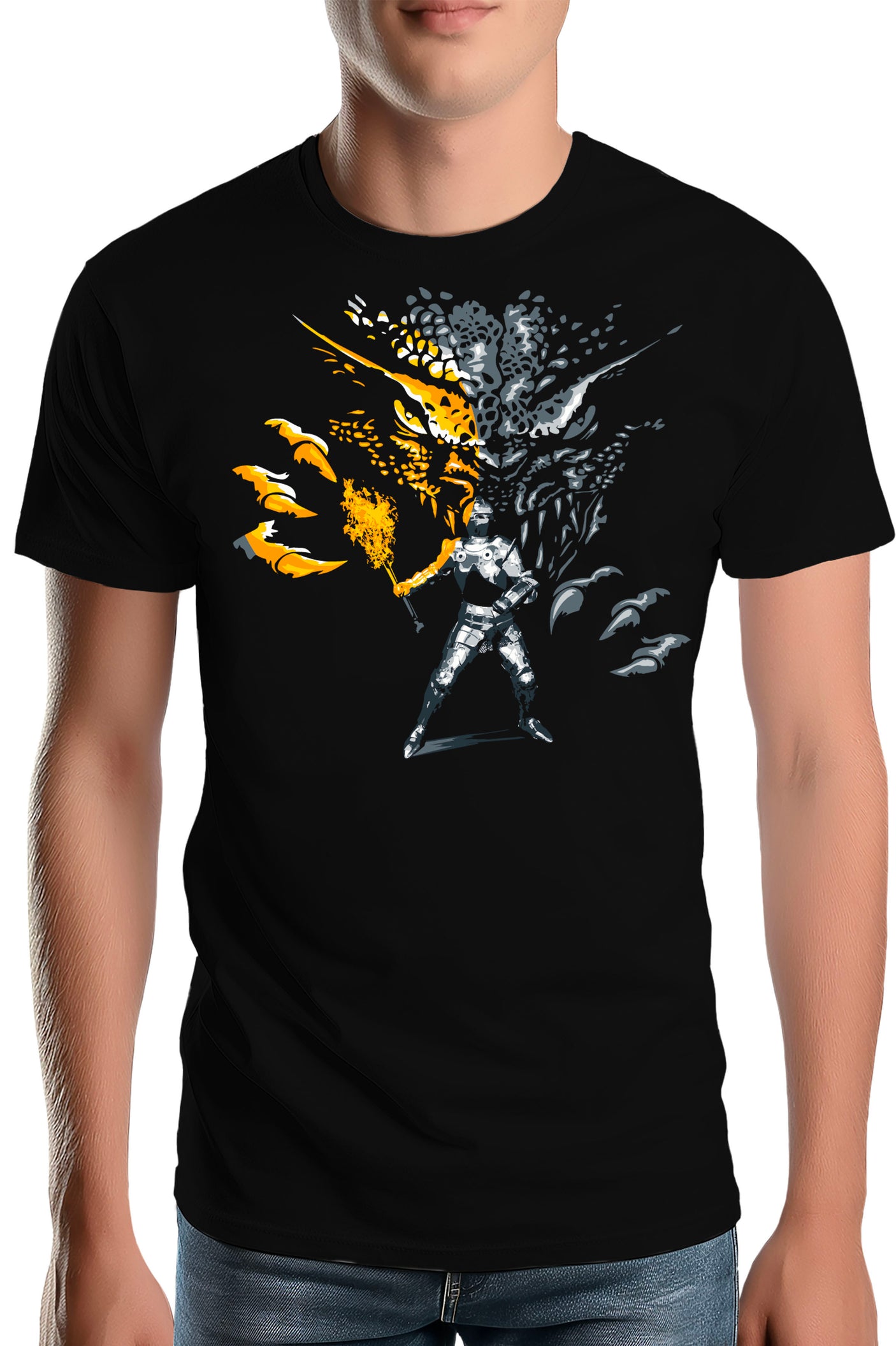 Tee-Shirt Homme Attention dragon et chevalier