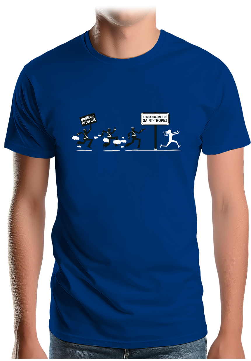 T-Shirt Homme Nudisme interdit sur la plage à St Trop (Recto/verso)