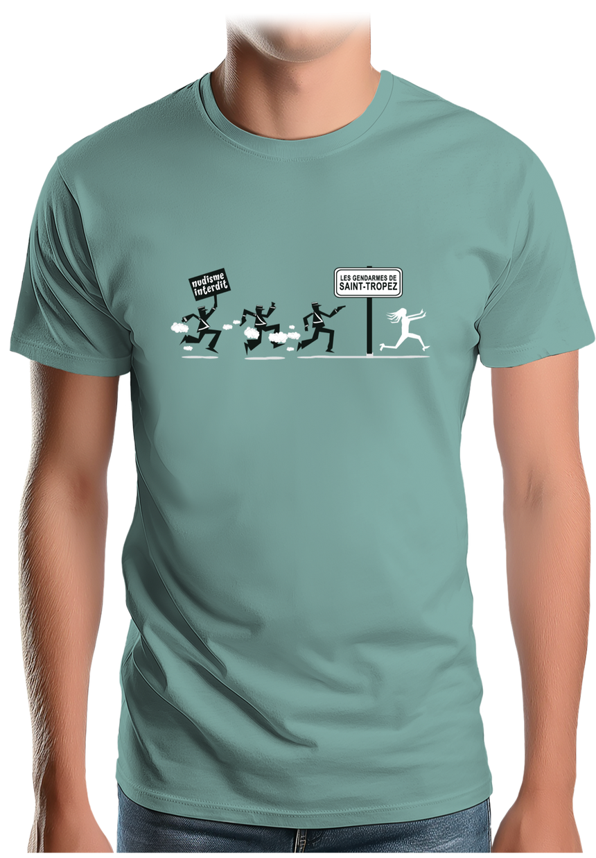 T-Shirt Homme Nudisme interdit sur la plage à St Trop (Recto/verso)