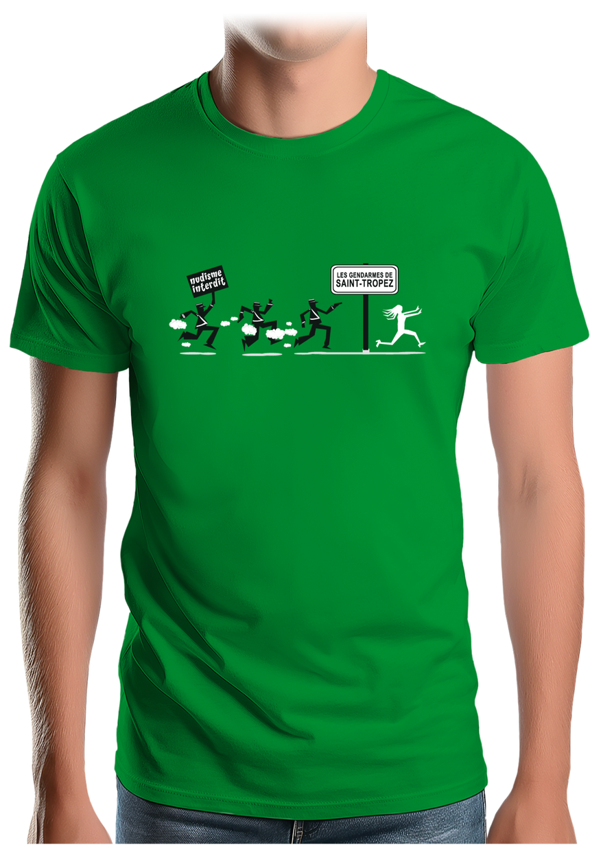 T-Shirt Homme Nudisme interdit sur la plage à St Trop (Recto/verso)