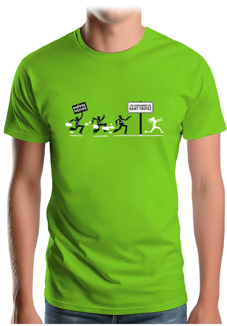 T-Shirt Homme Nudisme interdit sur la plage à St Trop (Recto/verso)