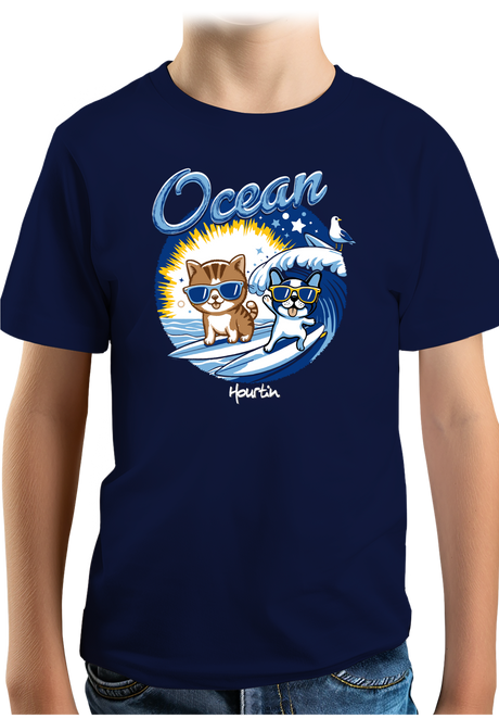 T-Shirt Garçon Chat et chien surf dans l'Océan