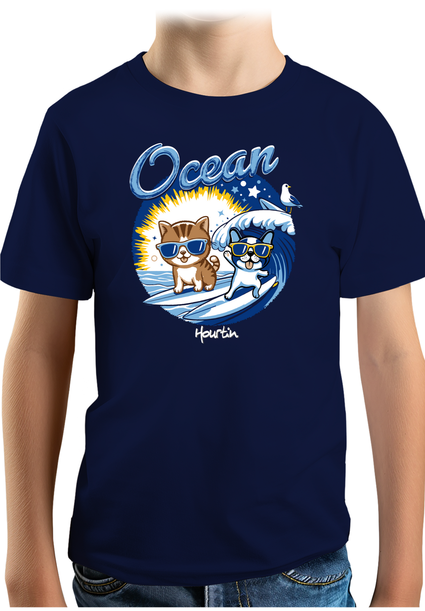 T-Shirt Garçon Chat et chien surf dans l'Océan