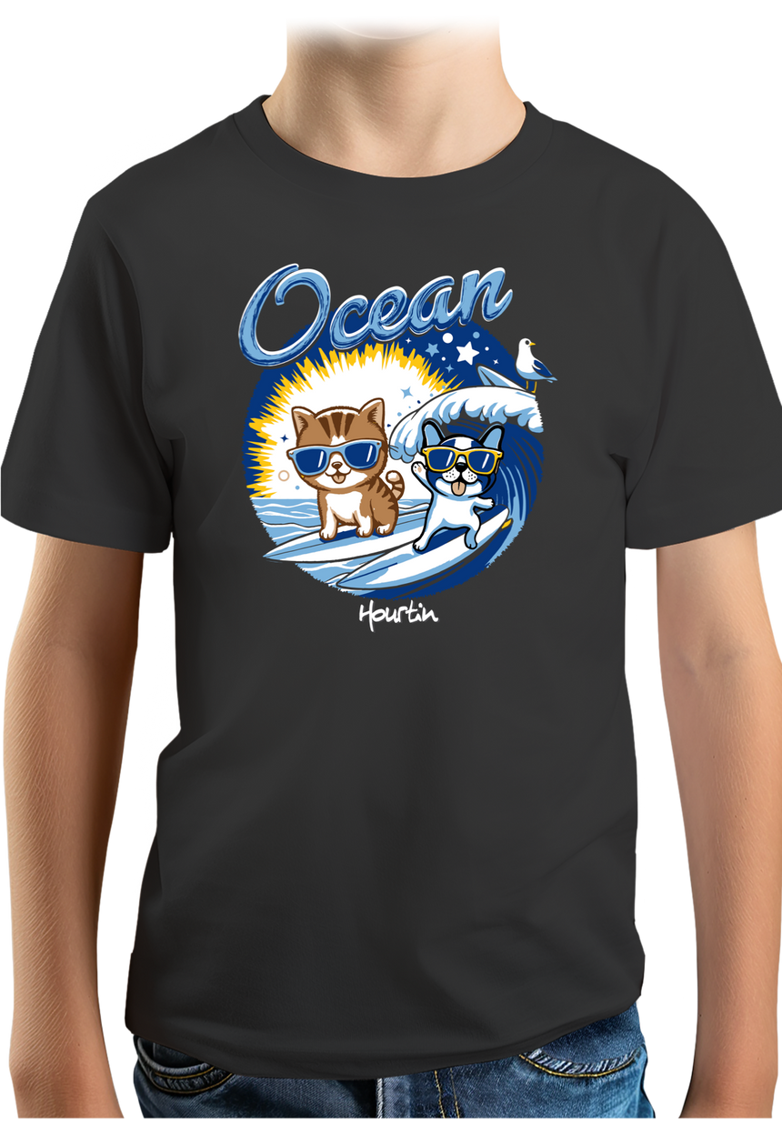 T-Shirt Garçon Chat et chien surf dans l'Océan