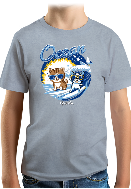T-Shirt Garçon Chat et chien surf dans l'Océan
