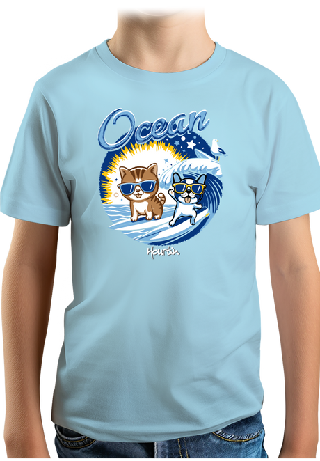 T-Shirt Garçon Chat et chien surf dans l'Océan