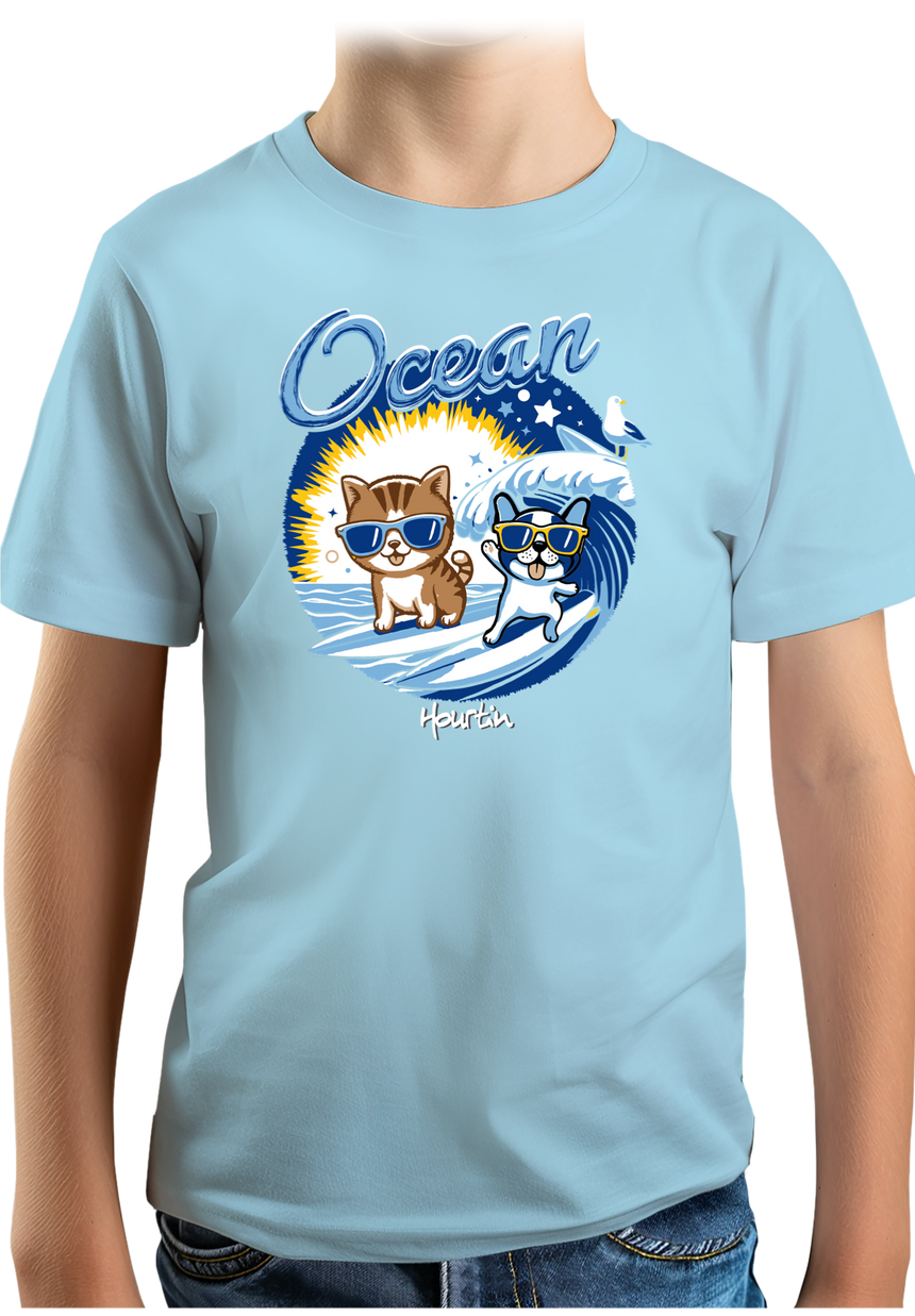 T-Shirt Garçon Chat et chien surf dans l'Océan