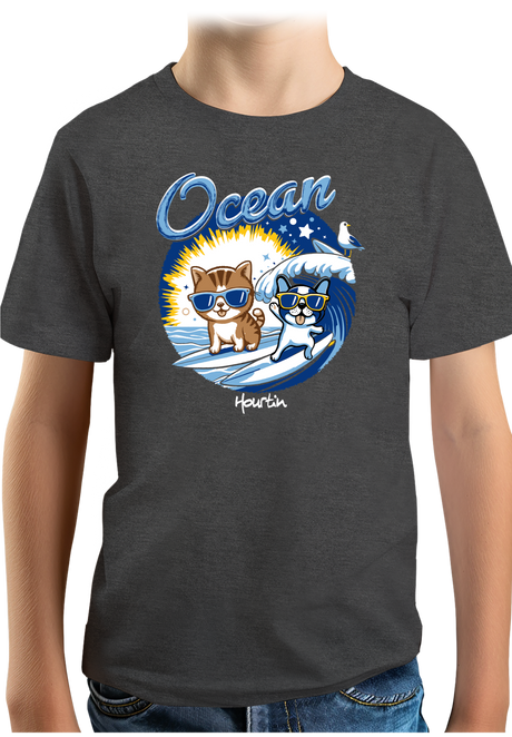 T-Shirt Garçon Chat et chien surf dans l'Océan