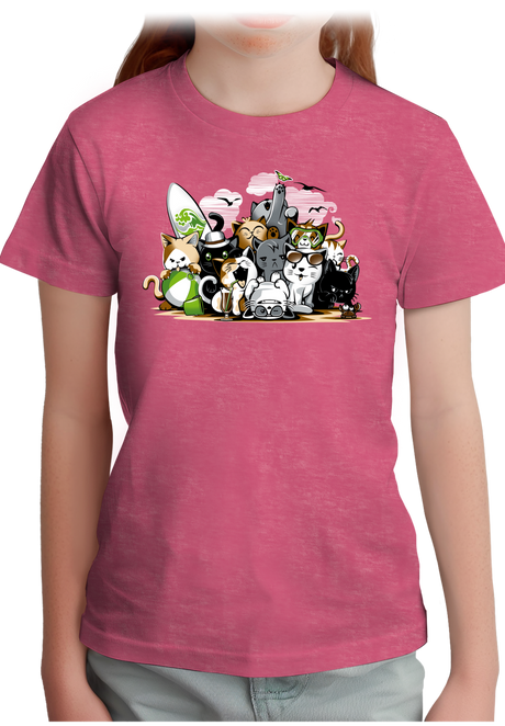 T-Shirt Fille Chats à la mer, sur la plage faisant du surf